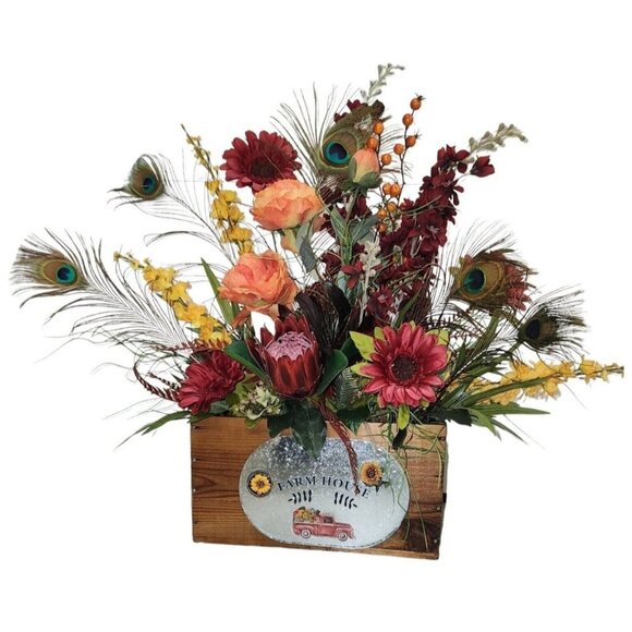 Farmhouse Floral Arrangement In Rustic Wooden Crate W/ Sunflowers & Peacock Feat - Picture 1 of 10